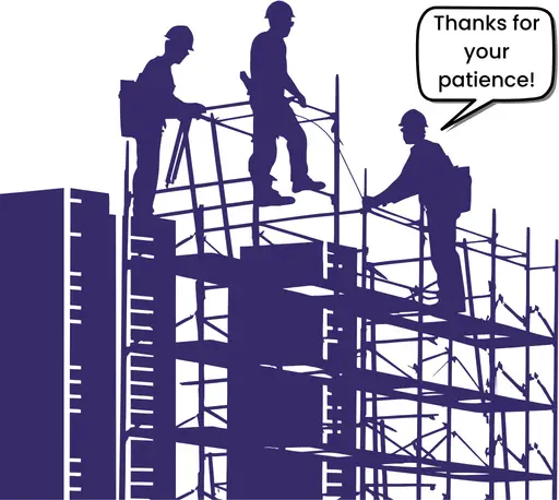 Under construction graphic depicting workers on scaffolding.